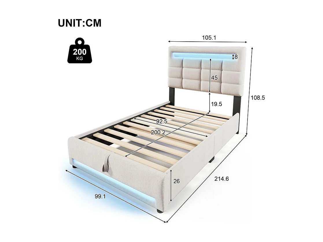 Lit coffre rembourré 90x200cm - avec Lumière LED - Lin - Gris (sans matelas)