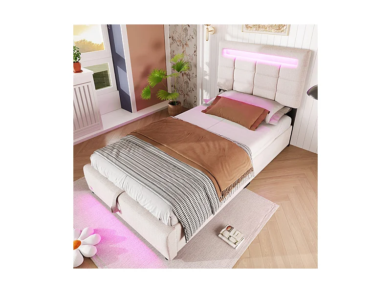 Lit coffre rembourré 90x200cm - avec Lumière LED - Lin - Gris (sans matelas)