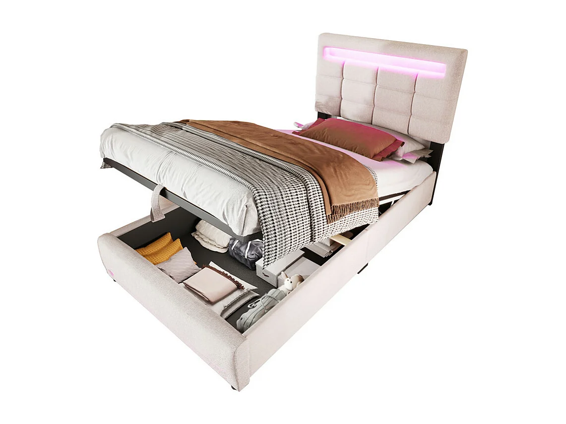 Lit coffre rembourré 90x200cm - avec Lumière LED - Lin - Gris (sans matelas)