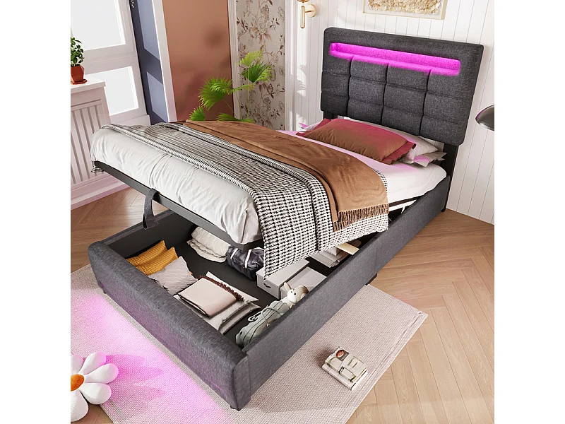 Gepolstertes Bett mit Stauraum 90x200cm - mit LED-Licht - Leinen - Grau (ohne Matratze)