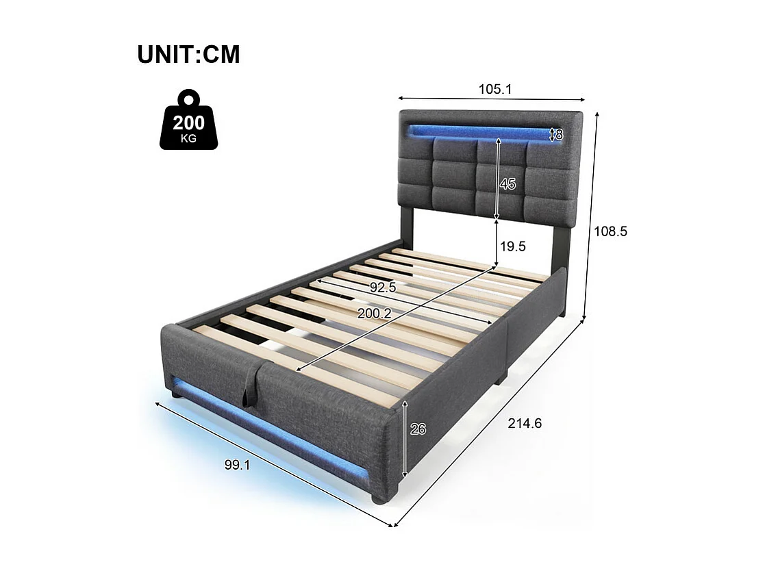 Lit coffre rembourré 90x200cm - avec Lumière LED - Lin - Gris (sans matelas)