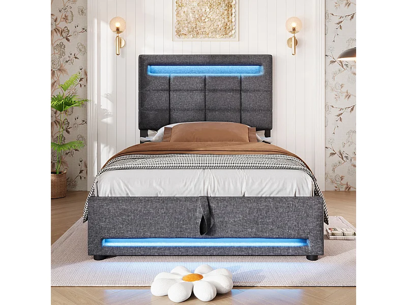 Lit coffre rembourré 90x200cm - avec Lumière LED - Lin - Gris (sans matelas)