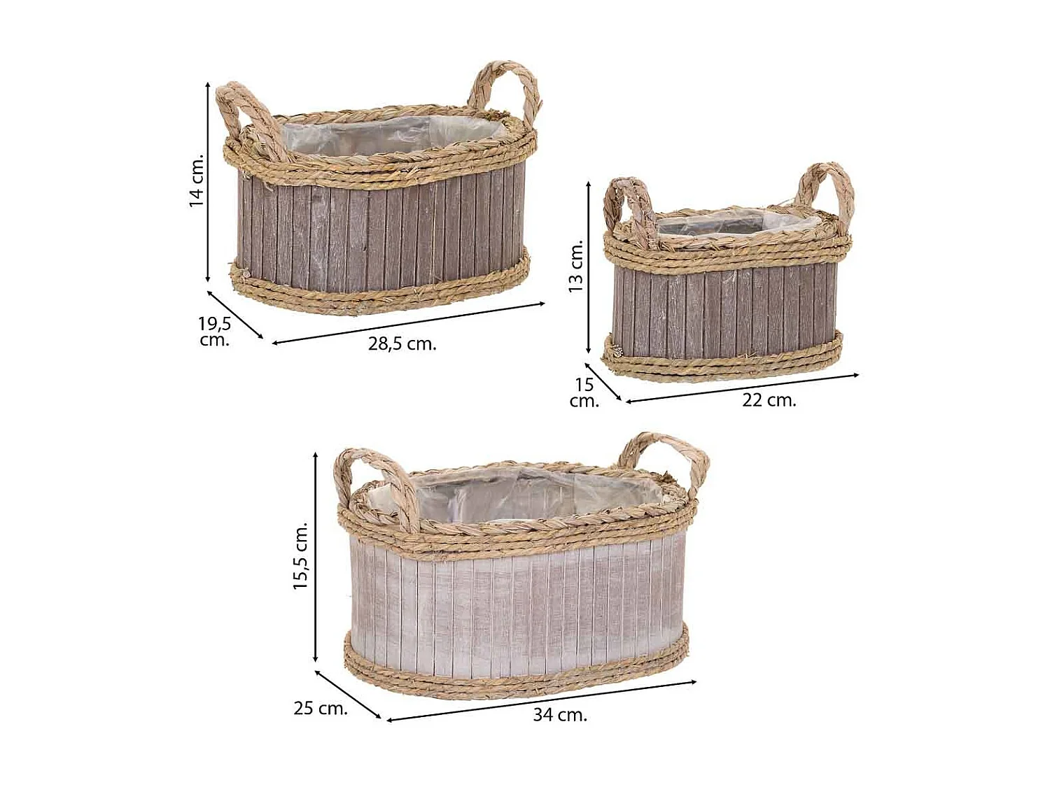 Set 3 Cestos ovalados de madera grises