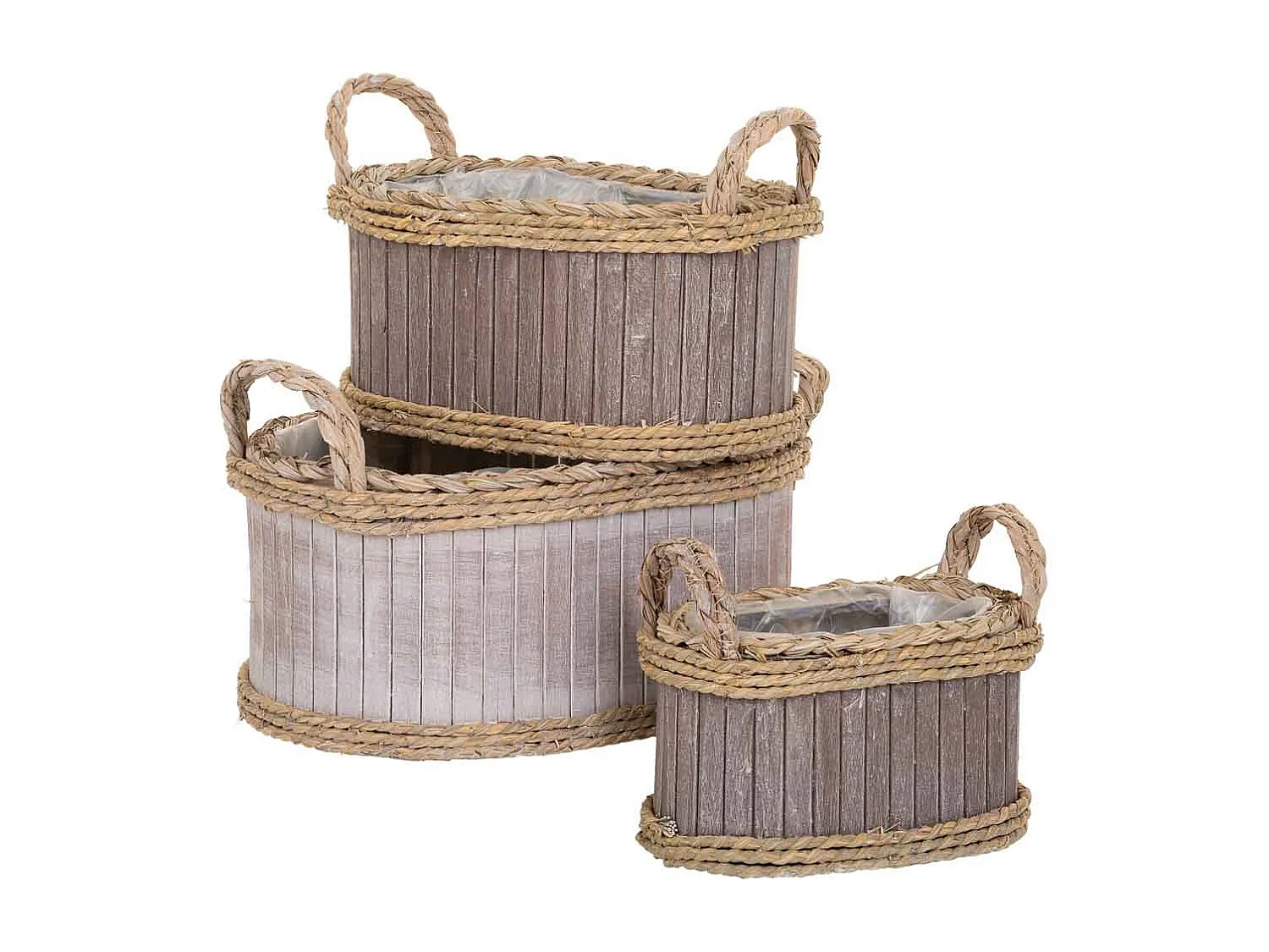 Set mit 3 ovalen grauen Holzkörben
