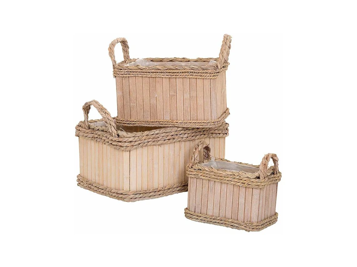 Conjunto de 3 cestos ovais em madeira castanha
