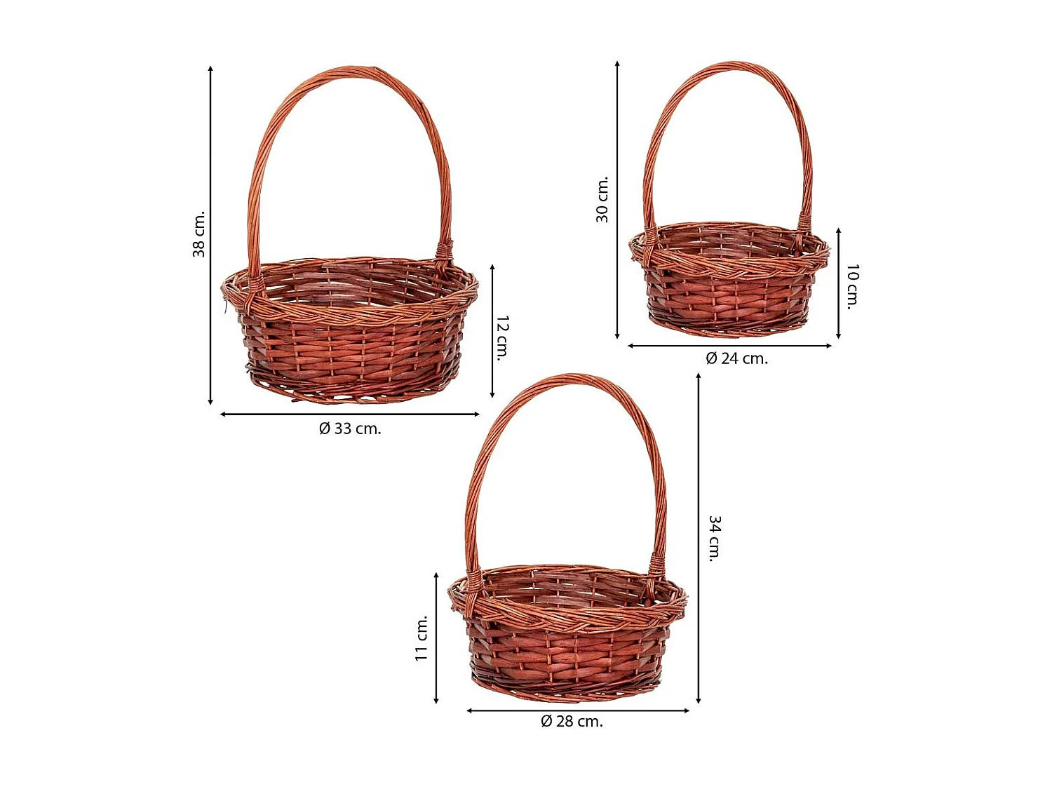 Conjunto de 3 cestos de vime com asas castanhas