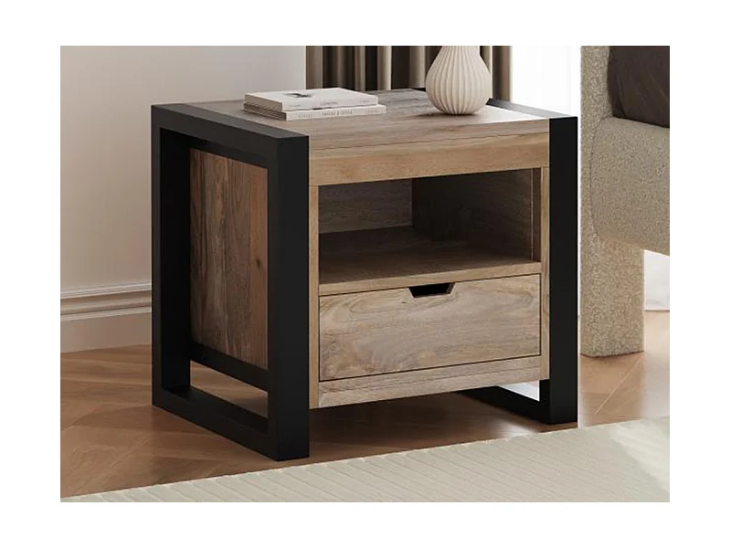 Set van 2 nachtkastjes met 1 lade en 1 vak - Mangohout en metaal - Kleur: houtlook en zwart - HARLEM II