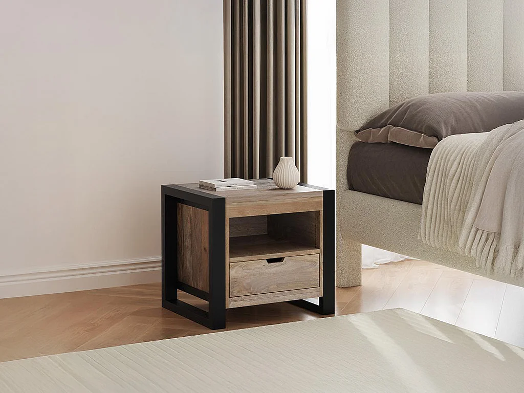 Lot de 2 tables de chevet avec 1 tiroir et 1 niche - Bois de manguier et métal - Coloris : Naturel et noir - HARLEM II