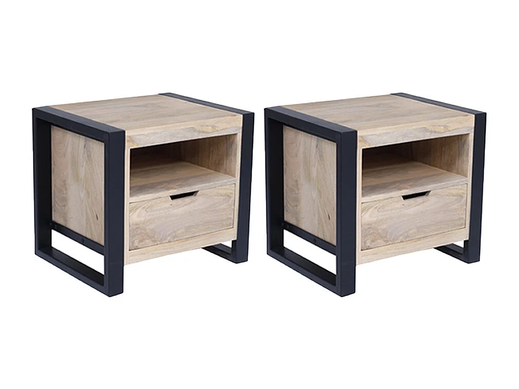 Set van 2 nachtkastjes met 1 lade en 1 vak - Mangohout en metaal - Kleur: houtlook en zwart - HARLEM II
