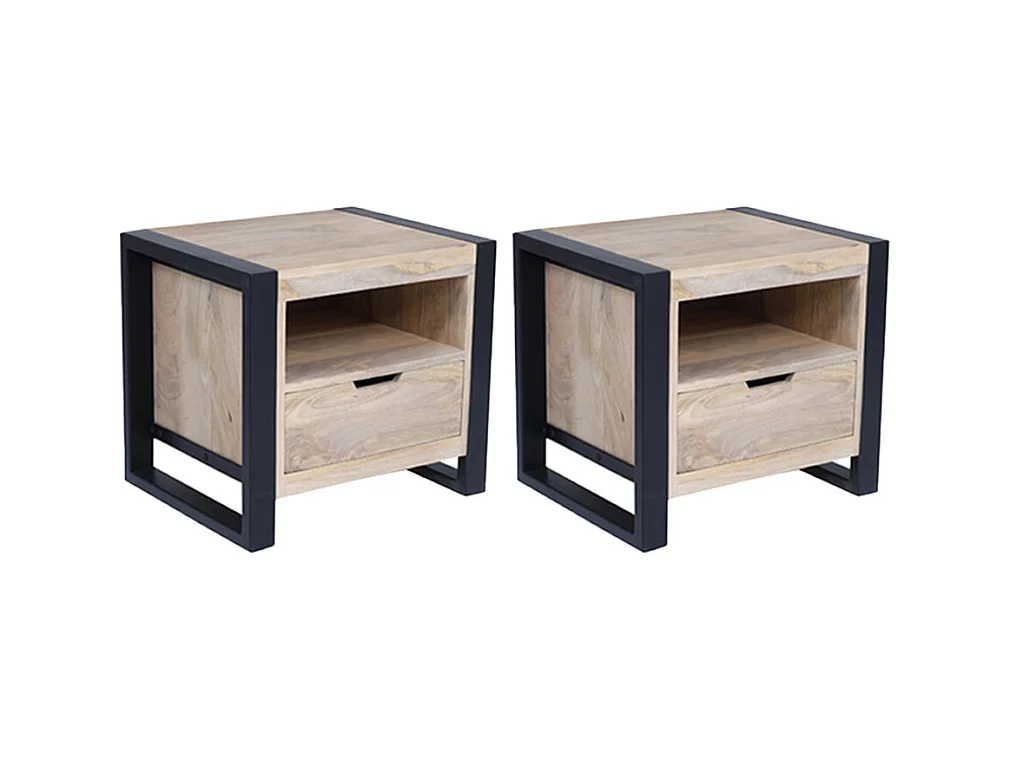 Sæt med 2 sengeborde med 1 skuffe og 1 hylde - Mangotræ og metal - Farve: Natur og sort - HARLEM II