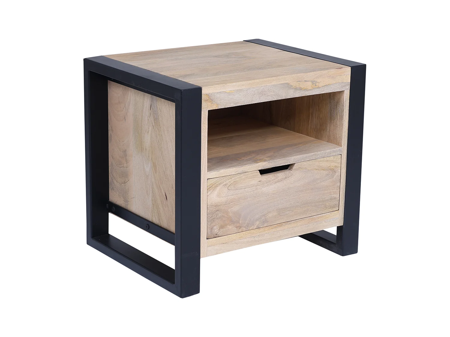 Sæt med 2 sengeborde med 1 skuffe og 1 hylde - Mangotræ og metal - Farve: Natur og sort - HARLEM II