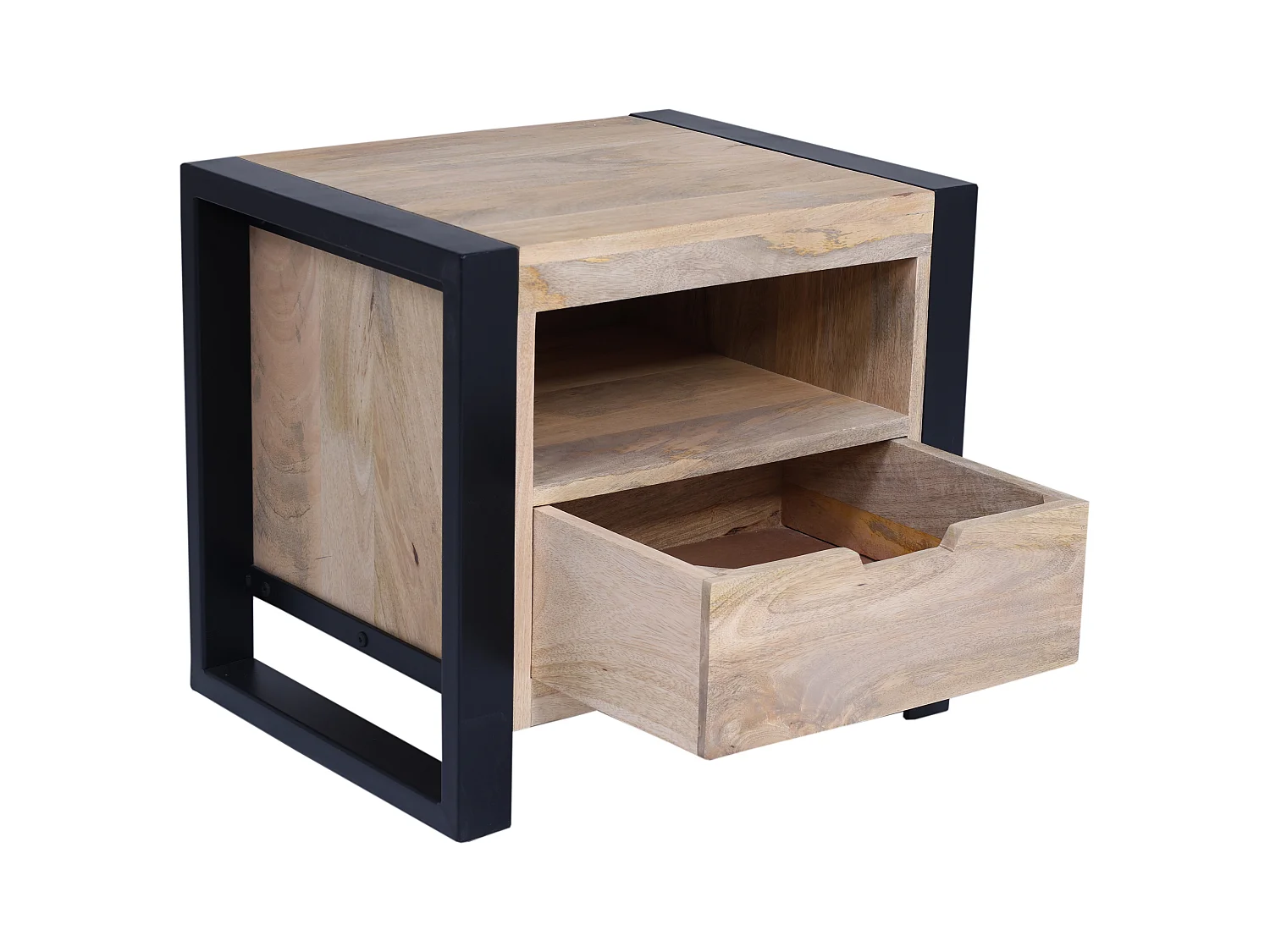 Sæt med 2 sengeborde med 1 skuffe og 1 hylde - Mangotræ og metal - Farve: Natur og sort - HARLEM II