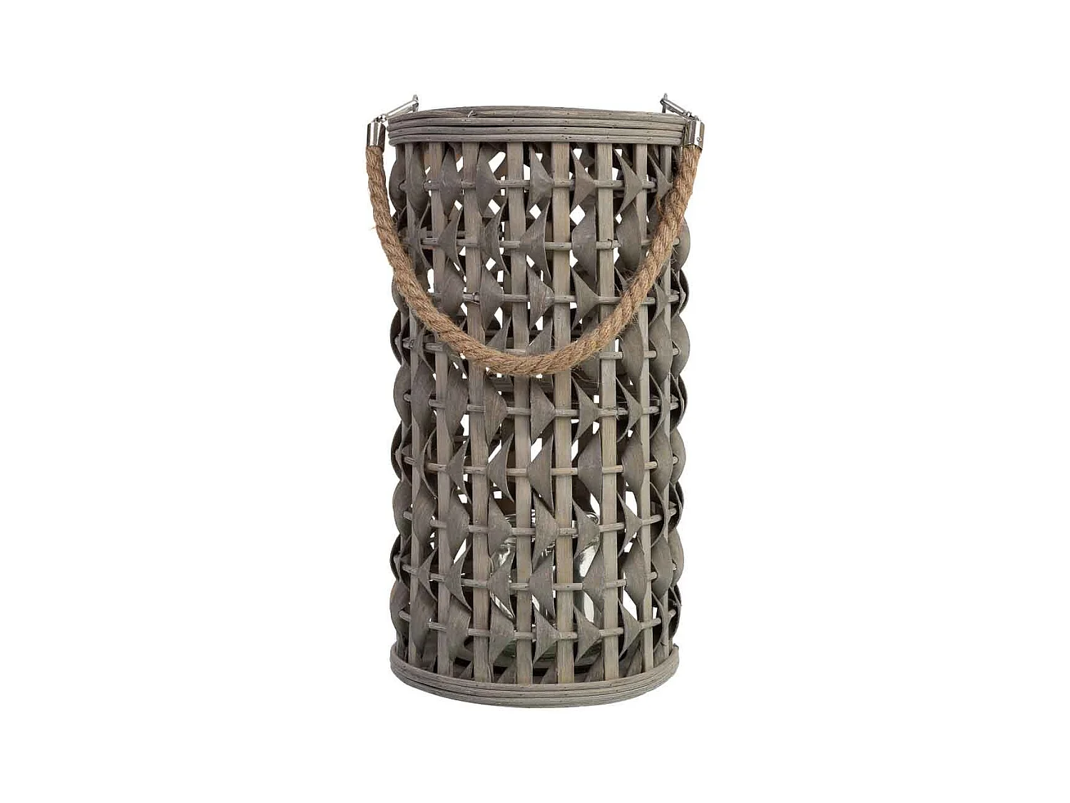 Farol bambú y madera con recipiente de cristal para vela D18x34h cm