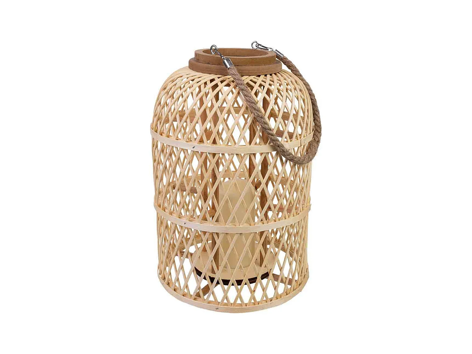 Lanterne en bambou et bois avec poignée en corde et bougie à piles