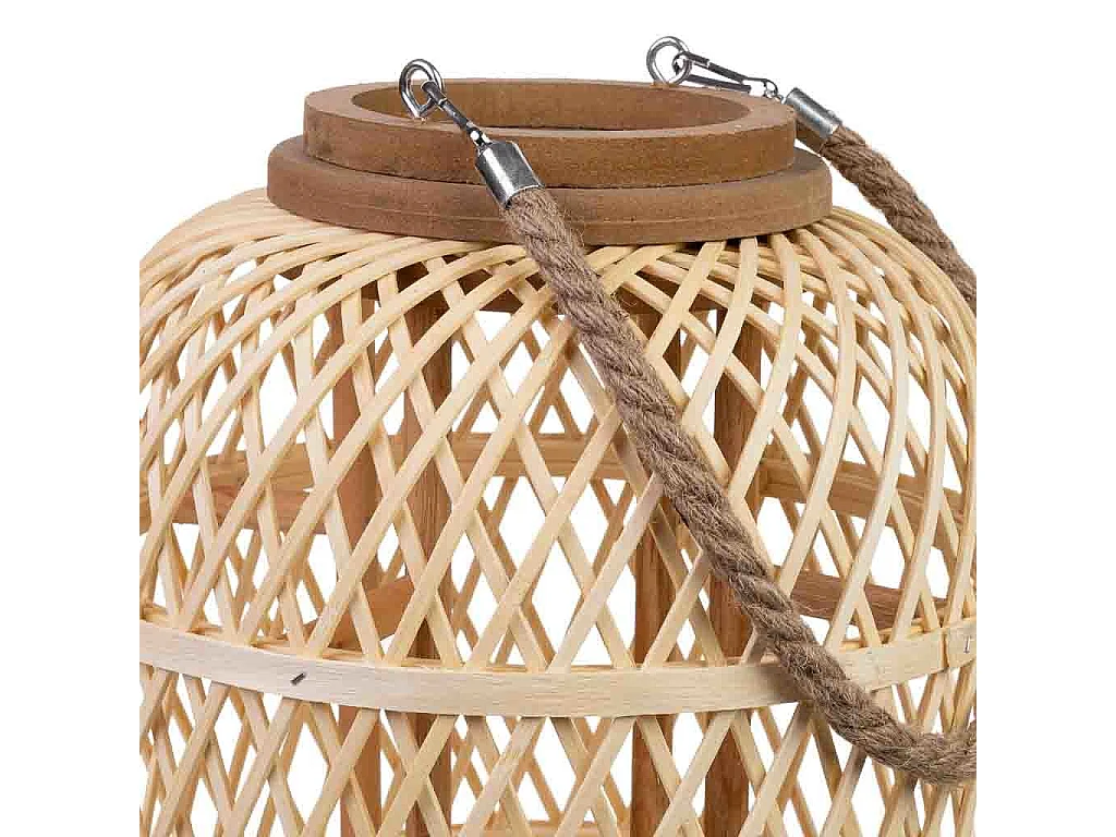 Lanterne en bambou et bois avec poignée en corde et bougie à piles
