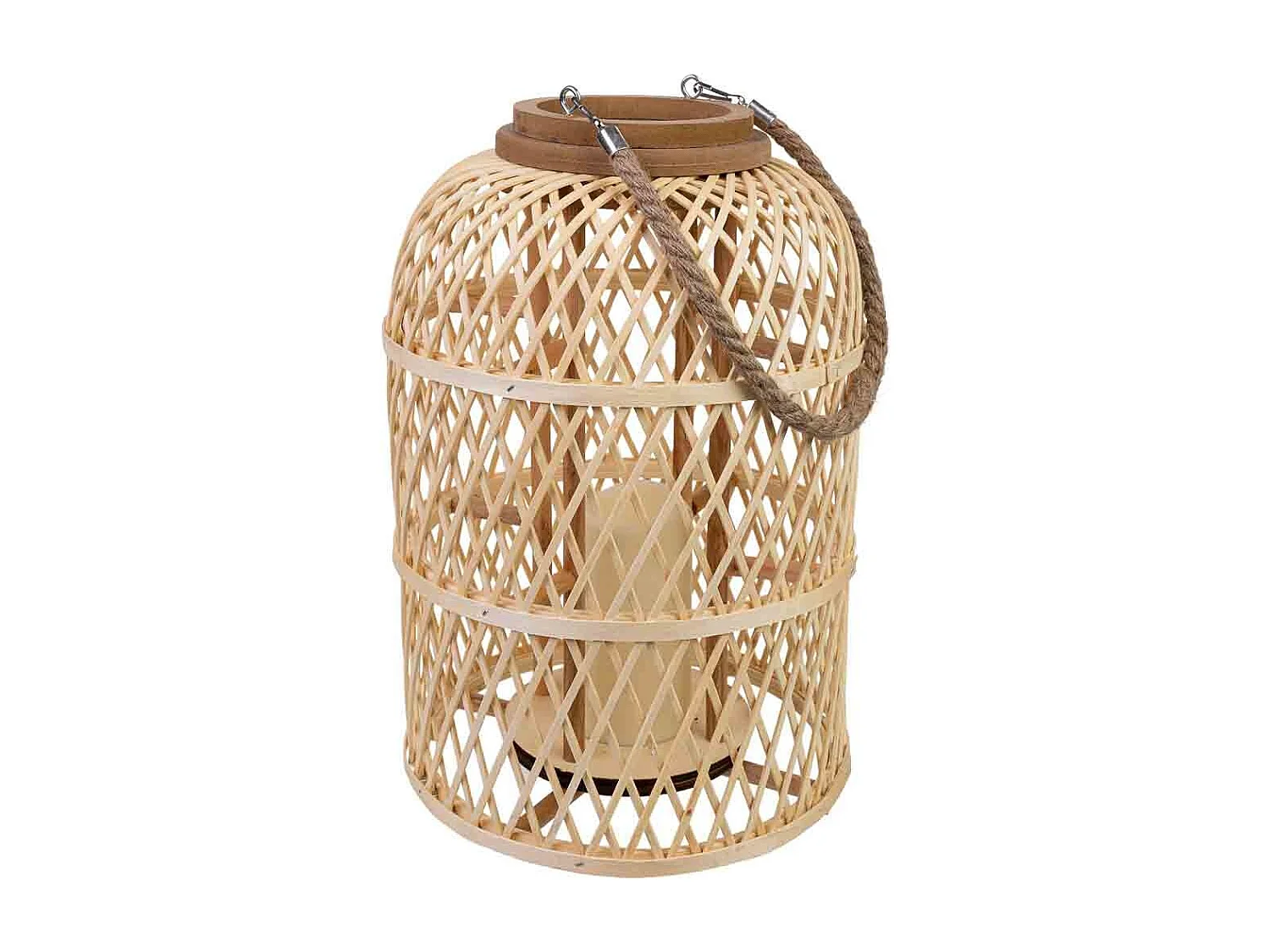 Lanterne en bambou et bois avec poignée en corde et bougie à piles