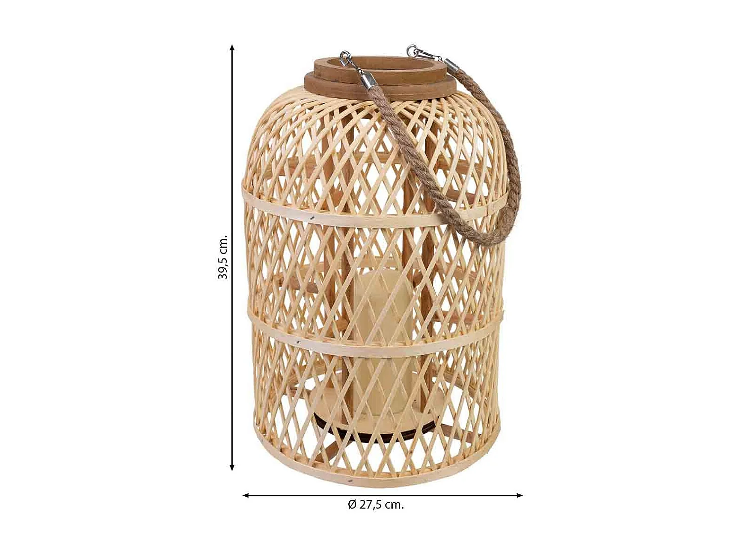 Lanterna in bambù e legno con manico in corda e candela a batteria D27,5x39,5h cm