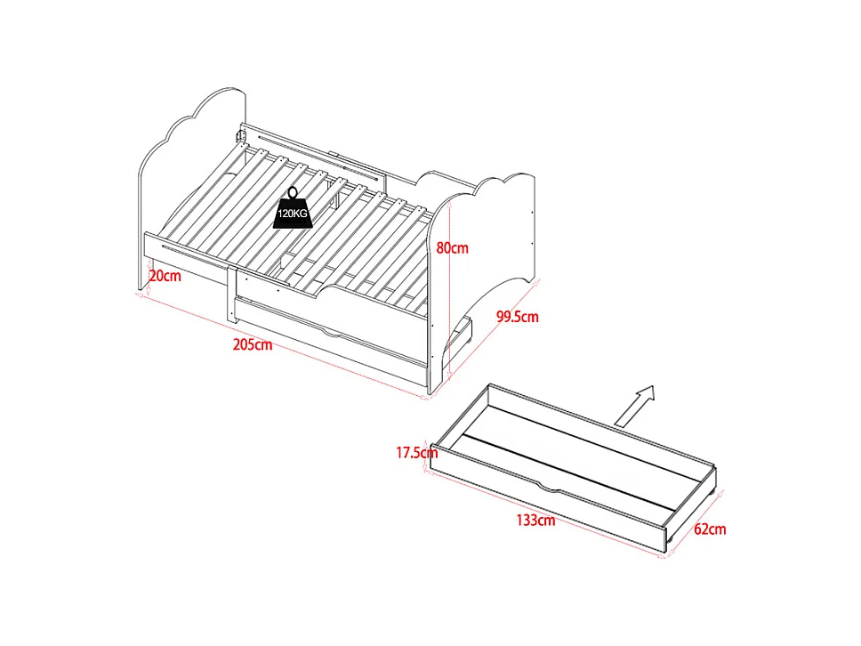 Letto evolutivo 90 x 140/170/200 cm con cassetto Abete e MDF Bianco + Materasso  - TEONIA