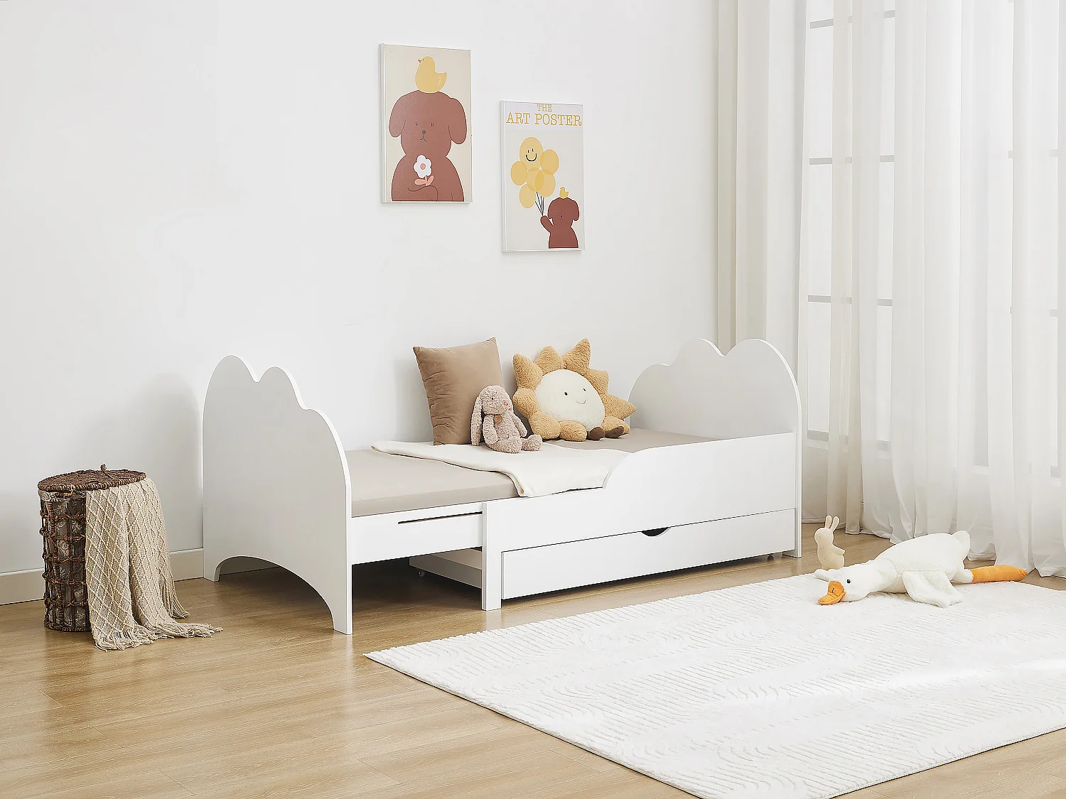 Lit évolutif 90 x 140/170/200 cm avec tiroir - Pin et MDF - Blanc + Matelas - TEONIA
