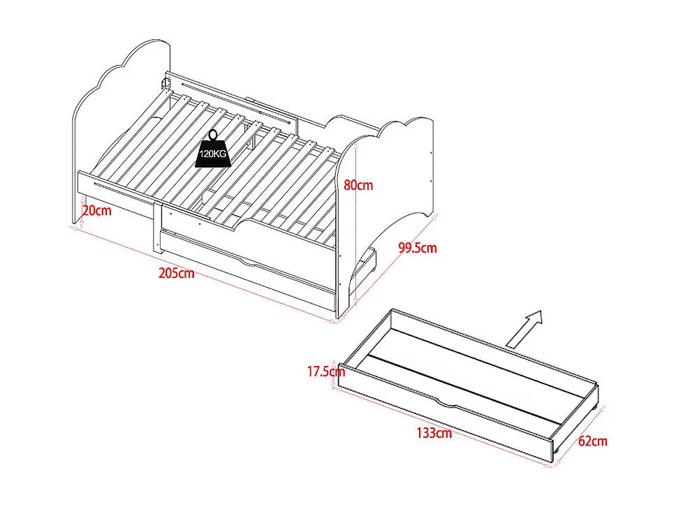 Lit évolutif 90 x 140/170/200 cm avec tiroir - Pin et MDF - Blanc + Matelas - TEONIA