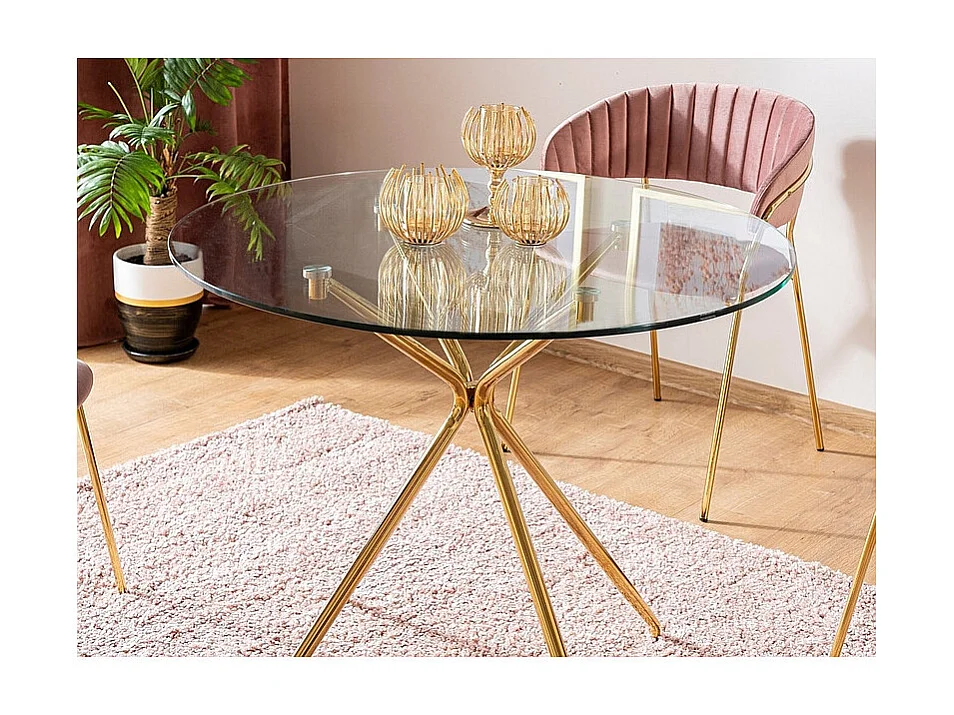 Table ronde en verre trempé transparent avec des pieds en métal doré - 4 couverts - D 80 cm x H 76 cm