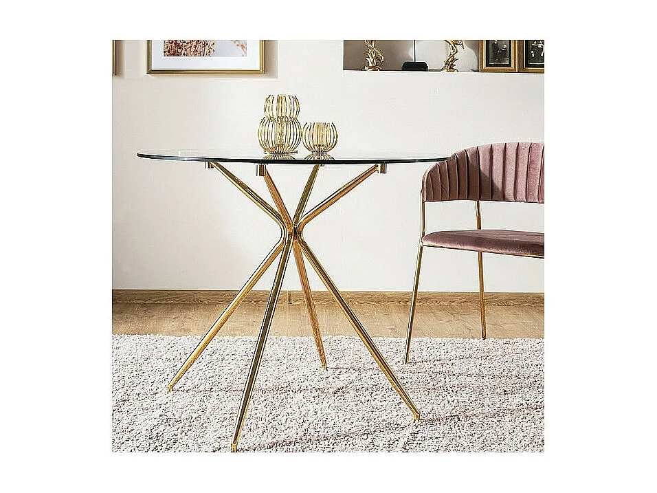 Table ronde en verre trempé transparent avec des pieds en métal doré - 4 couverts - D 80 cm x H 76 cm
