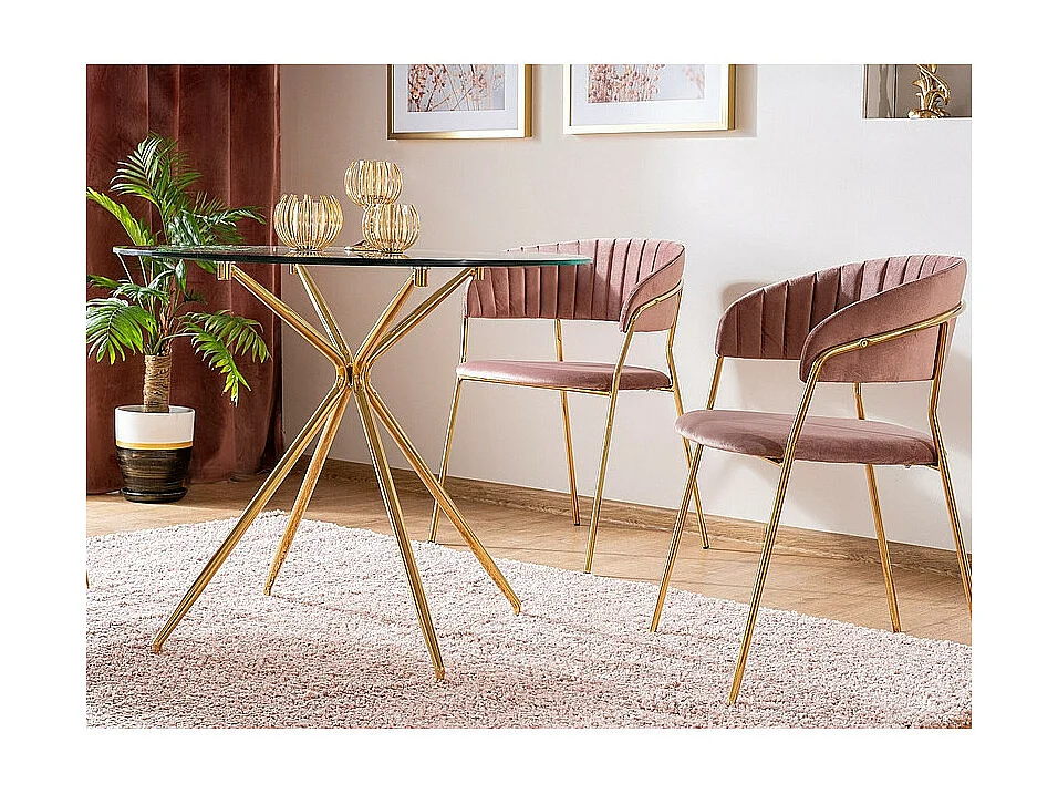 Table ronde en verre trempé transparent avec des pieds en métal doré - 4 couverts - D 80 cm x H 76 cm