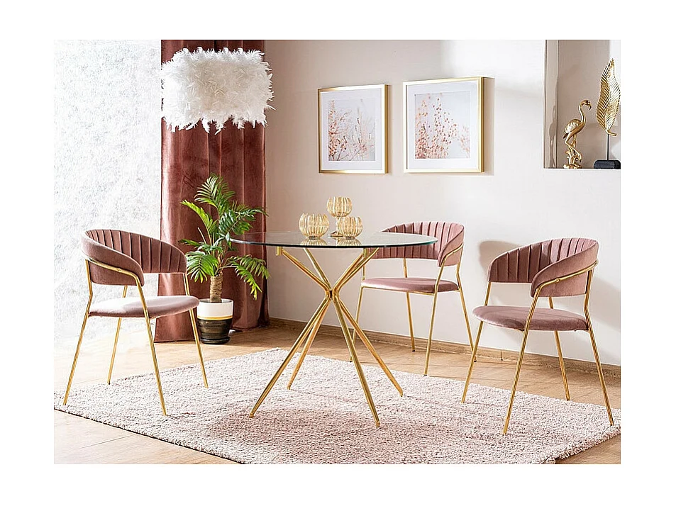 Table ronde en verre trempé transparent avec des pieds en métal doré - 4 couverts - D 80 cm x H 76 cm