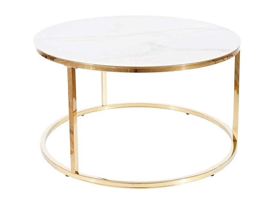 Table basse en verre effet marbre - Blanc et doré - Pieds en métal - H 45 cm x D 80 cm