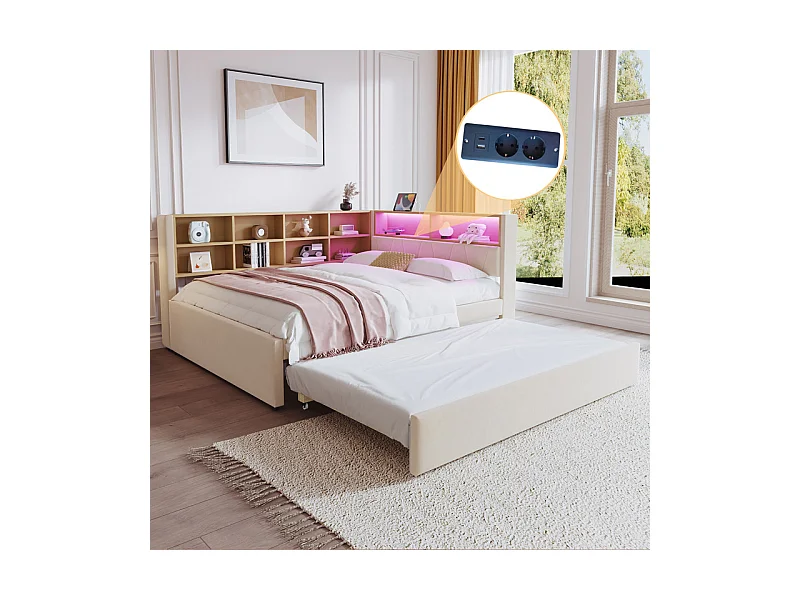 Canapé convertible 140x200 - avec lit gigogne 90x190 cm - avec prise USB - multiples rangements - lit tapissé - beige (matelas non inclus)