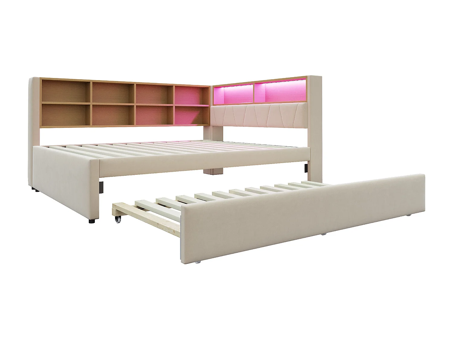 Canapé convertible 140x200 - avec lit gigogne 90x190 cm - avec prise USB - multiples rangements - lit tapissé - beige (matelas non inclus)