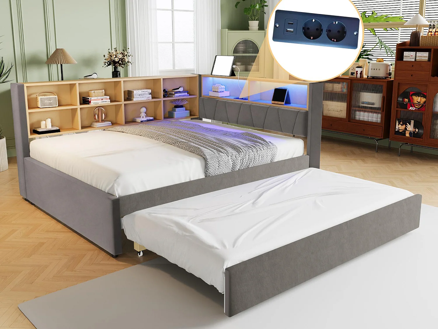 Sofá cama 140x200 - con cama nido 90x190 cm - con puerto USB - almacenaje múltiple - cama tapizada - Gris oscuro (colchón no incluido)