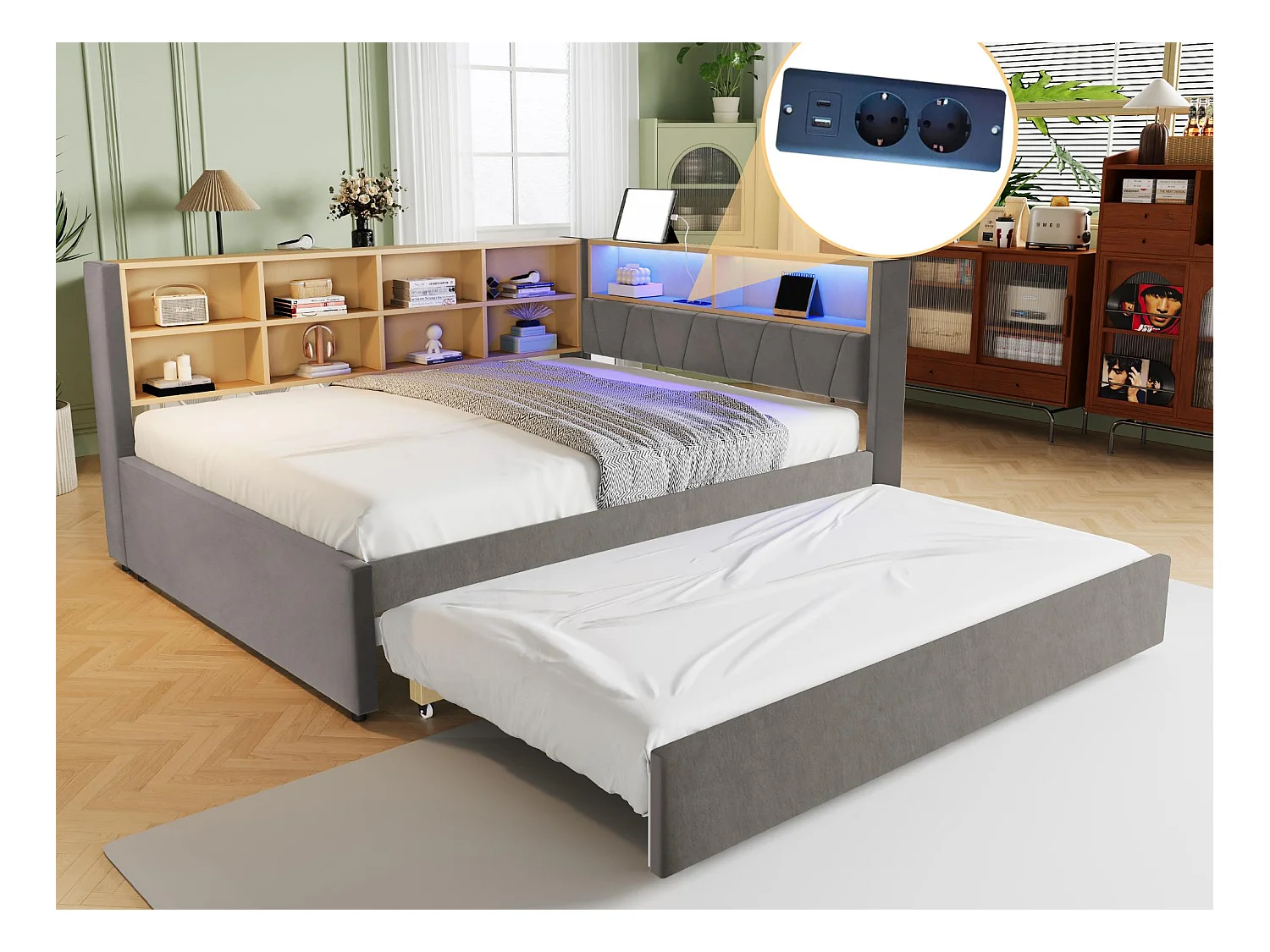Canapé convertible 140x200 - avec lit gigogne 90x190 cm - avec prise USB - multiples rangements - lit tapissé - Gris foncé (matelas non inclus)