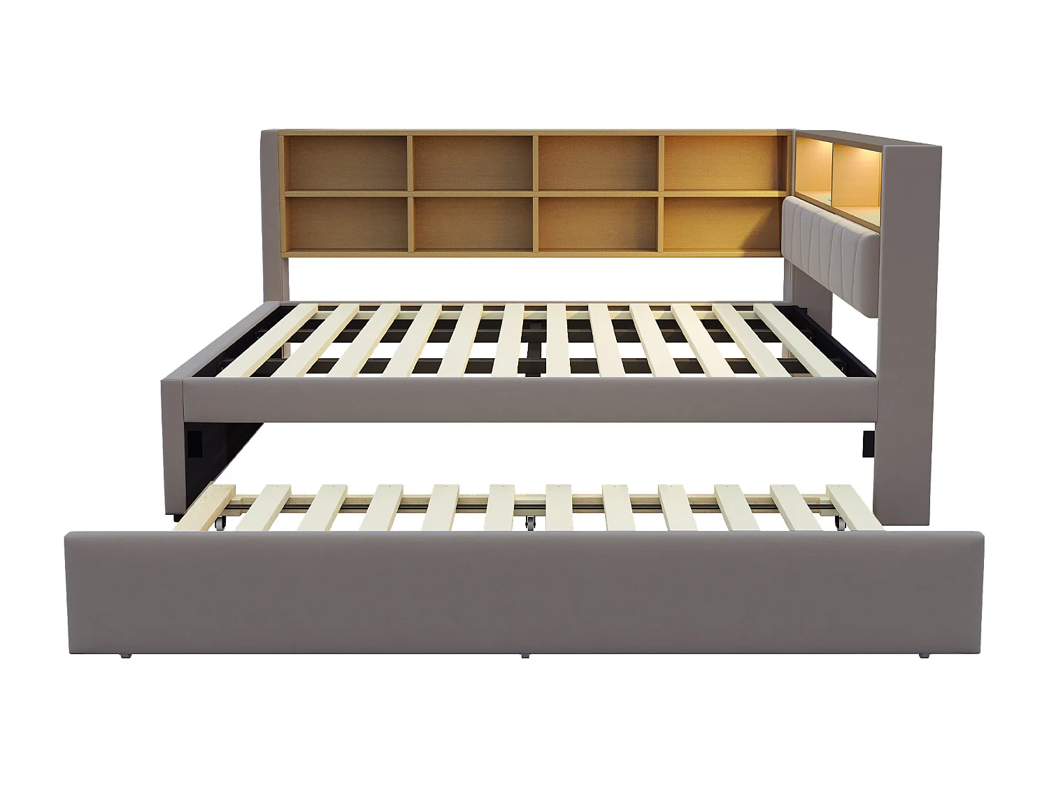 Canapé convertible 140x200 - avec lit gigogne 90x190 cm - avec prise USB - multiples rangements - lit tapissé - Gris foncé (matelas non inclus)