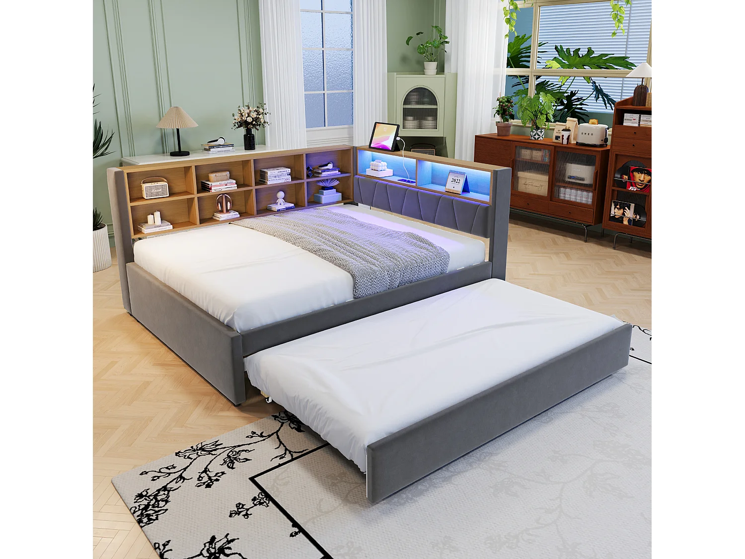 Canapé convertible 140x200 - avec lit gigogne 90x190 cm - avec prise USB - multiples rangements - lit tapissé - Gris foncé (matelas non inclus)