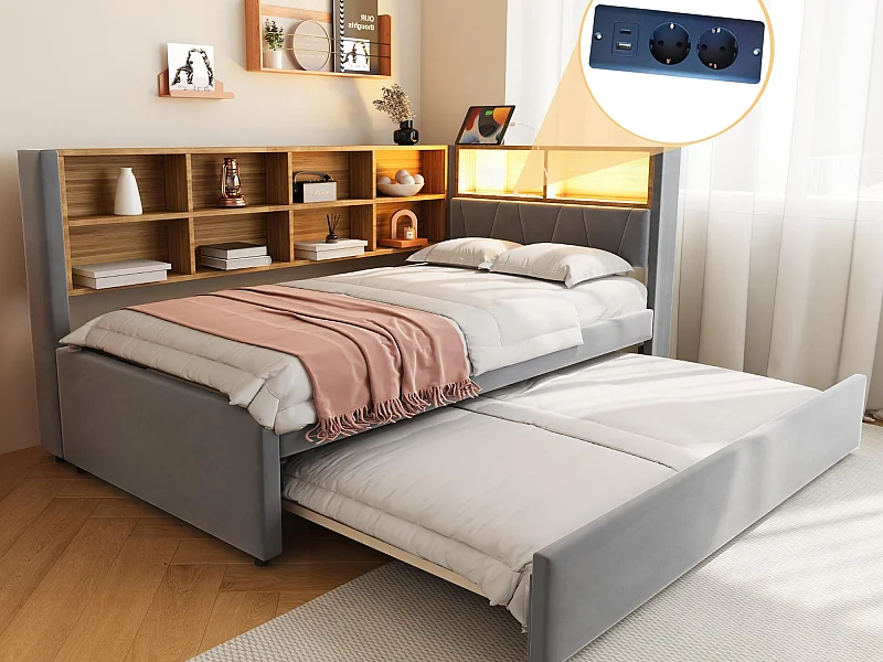 Canapé convertible 90x200 - avec lit gigogne 90x190 cm - avec prise USB - multiples rangements - lit tapissé - Gris foncé (matelas non inclus)