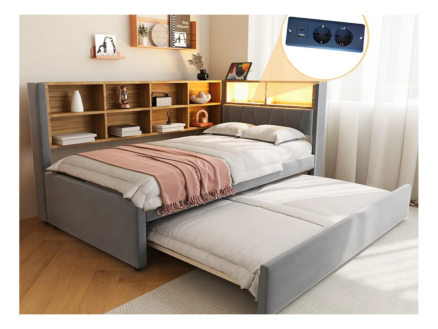 Canapé convertible 90x200 - avec lit gigogne 90x190 cm - avec prise USB - multiples rangements - lit tapissé - Gris foncé (matelas non inclus)