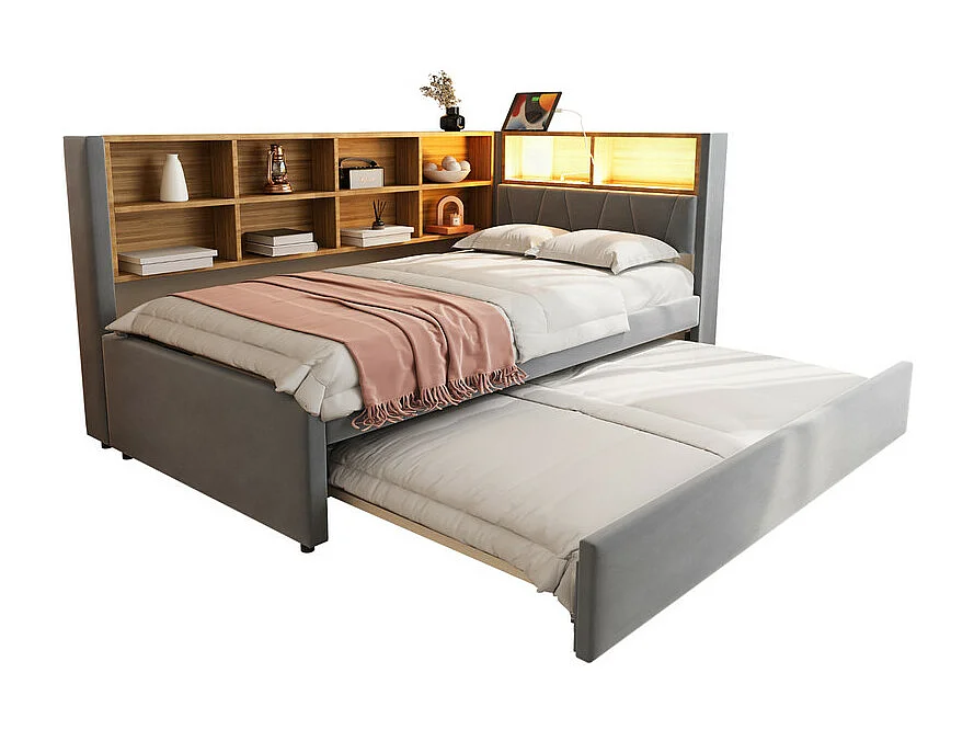 Canapé convertible 90x200 - avec lit gigogne 90x190 cm - avec prise USB - multiples rangements - lit tapissé - Gris foncé (matelas non inclus)