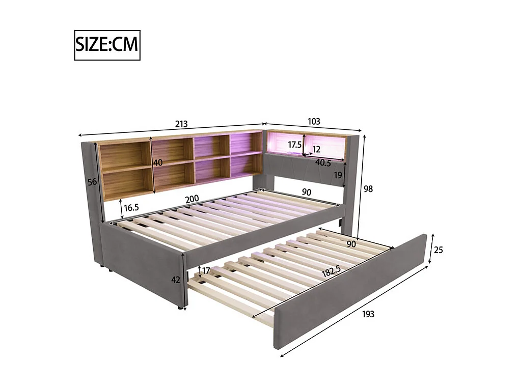 Canapé convertible 90x200 - avec lit gigogne 90x190 cm - avec prise USB - multiples rangements - lit tapissé - Gris foncé (matelas non inclus)