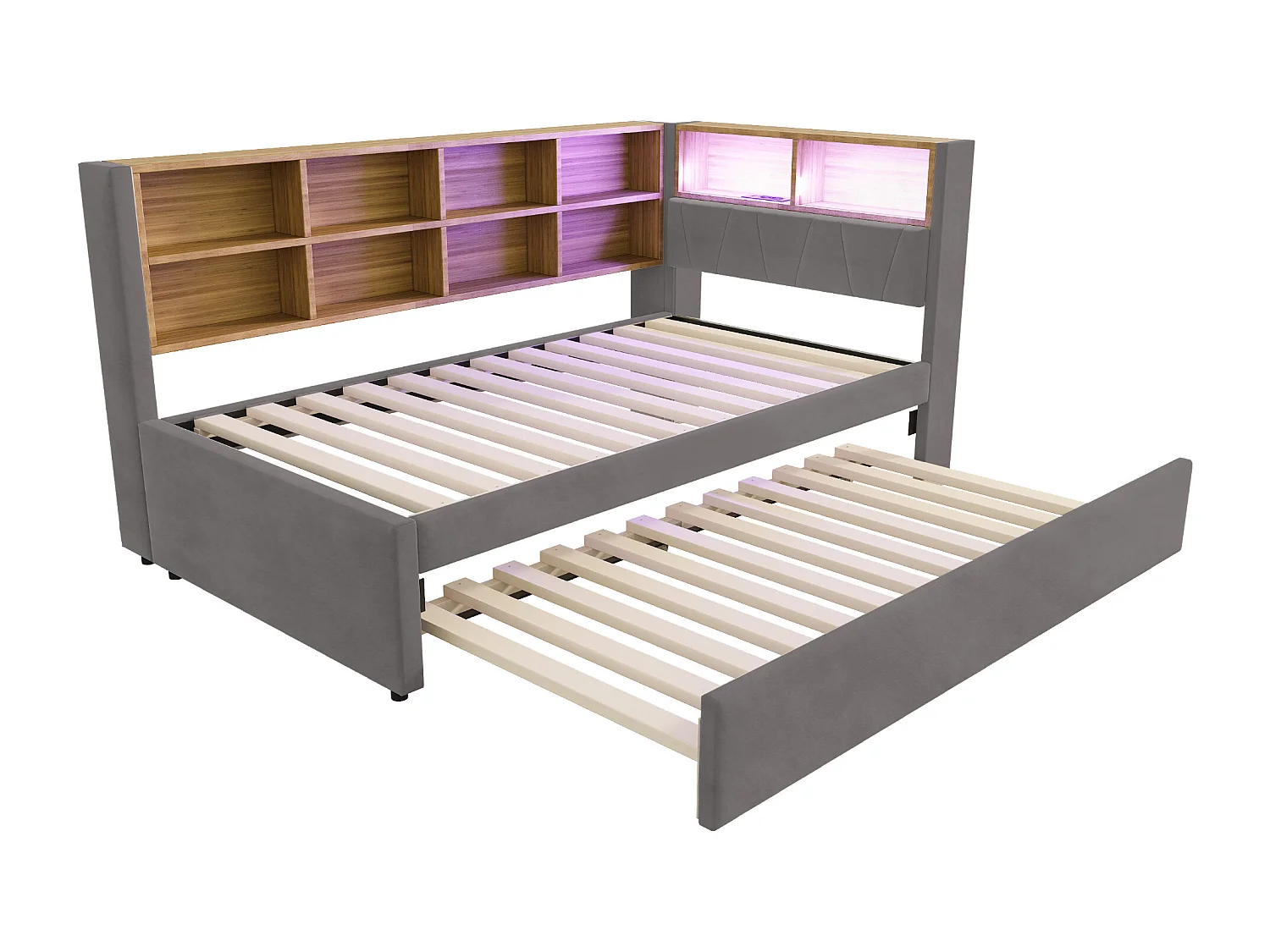 Canapé convertible 90x200 - avec lit gigogne 90x190 cm - avec prise USB - multiples rangements - lit tapissé - Gris foncé (matelas non inclus)