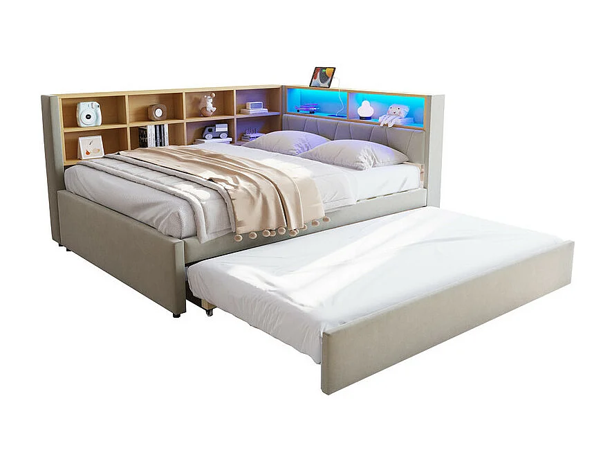 Schlafsofa 140x200 - mit Ausziehbett 90x190 cm - mit USB-Anschluss - viel Stauraum - gepolstertes Bett - Hellgrau (ohne Matratze)