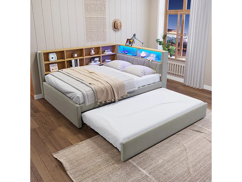 Schlafsofa 140x200 - mit Ausziehbett 90x190 cm - mit USB-Anschluss - viel Stauraum - gepolstertes Bett - Hellgrau (ohne Matratze)