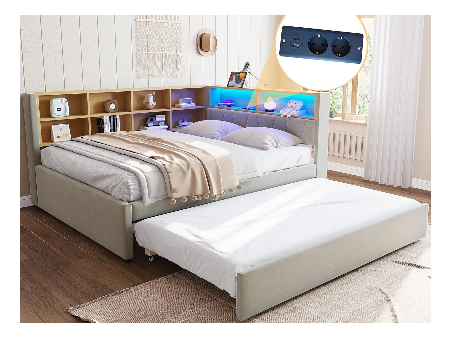 Canapé convertible 140x200 - avec lit gigogne 90x190 cm - avec prise USB - multiples rangements - lit tapissé - Gris clair (matelas non inclus)