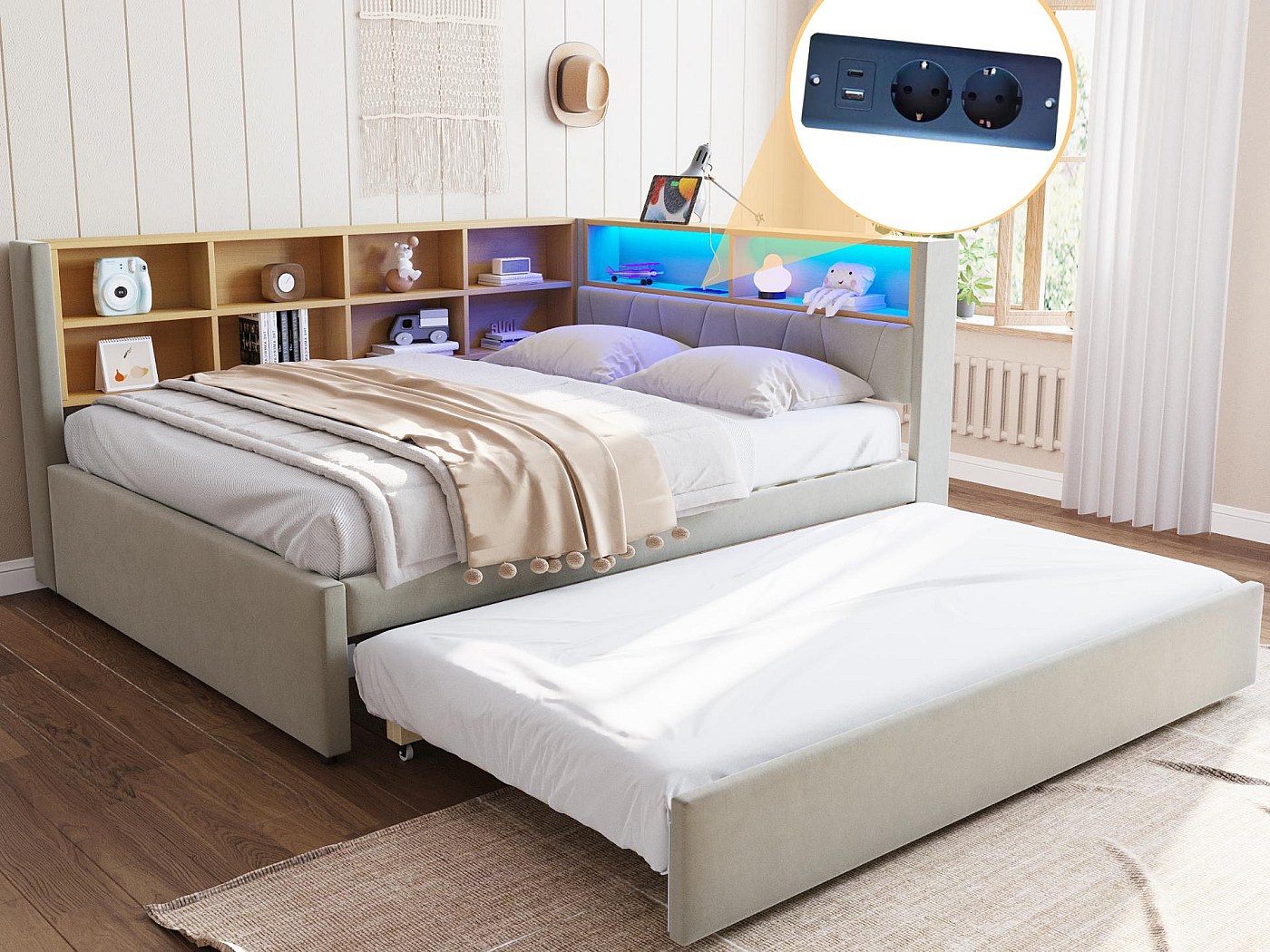 Letto Matrimoniale 160x200 Con Contenitore E Luci LED – Porte USB E Letto Estraibile – Beige