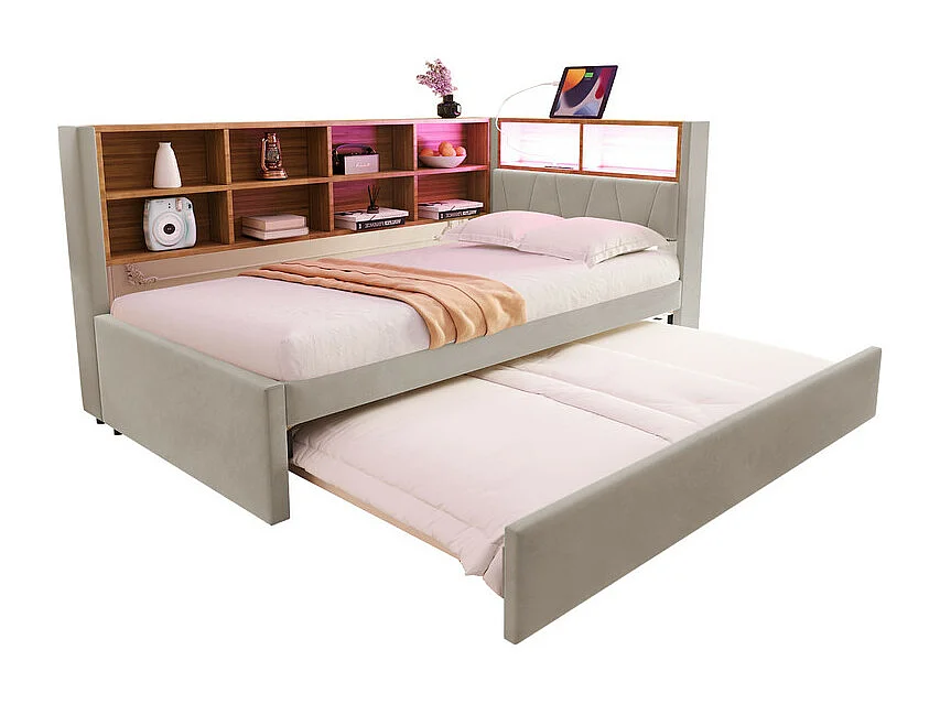 Schlafsofa 90x200 - mit Ausziehbett 90x190 cm - mit USB-Anschluss - viel Stauraum - gepolstertes Bett - Hellgrau (ohne Matratze)