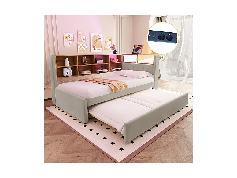 Canapé convertible 90x200 - avec lit gigogne 90x190 cm - avec prise USB - multiples rangements - lit tapissé - Gris clair (matelas non inclus)