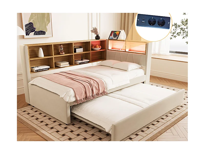 Canapé convertible 90x200 - avec lit gigogne 90x190 cm - avec prise USB - multiples rangements - lit tapissé - beige (matelas non inclus)
