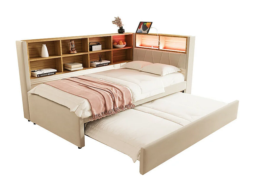 Canapé convertible 90x200 - avec lit gigogne 90x190 cm - avec prise USB - multiples rangements - lit tapissé - beige (matelas non inclus)