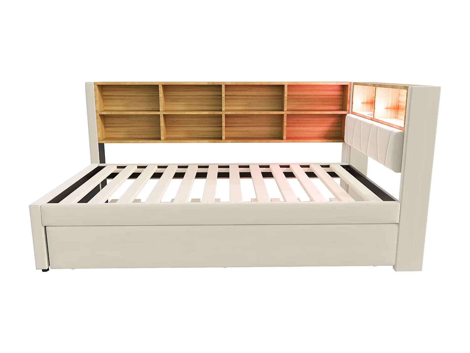Canapé convertible 90x200 - avec lit gigogne 90x190 cm - avec prise USB - multiples rangements - lit tapissé - beige (matelas non inclus)