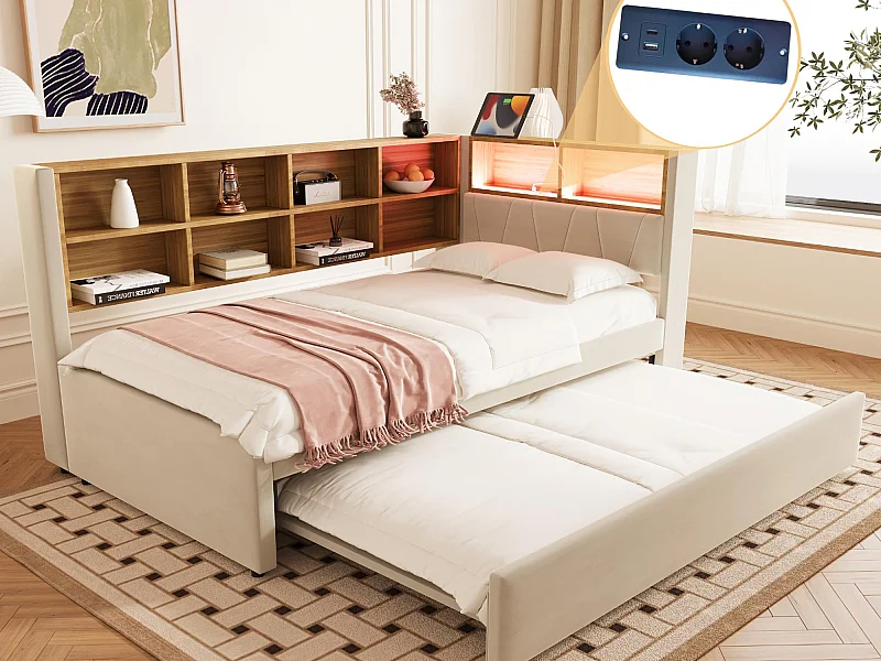 Schlafsofa 90x200 - mit Ausziehbett 90x190 cm - mit USB-Anschluss - viel Stauraum - gepolstertes Bett - beige (ohne Matratze)